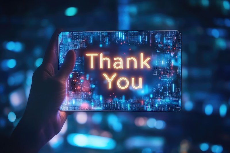 Gratitude message concept with glowing "Thank You" text on a virtual screen representing appreciation in communication