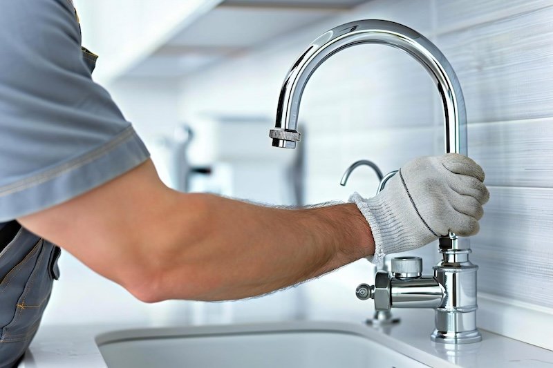 Side view photo of man plumber installing tap in kitchen