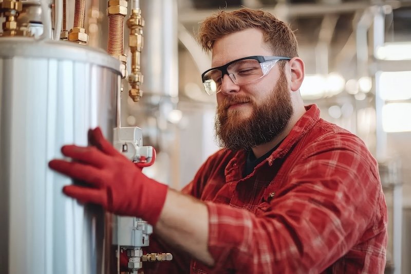 man repairing water heater with his eyes closed