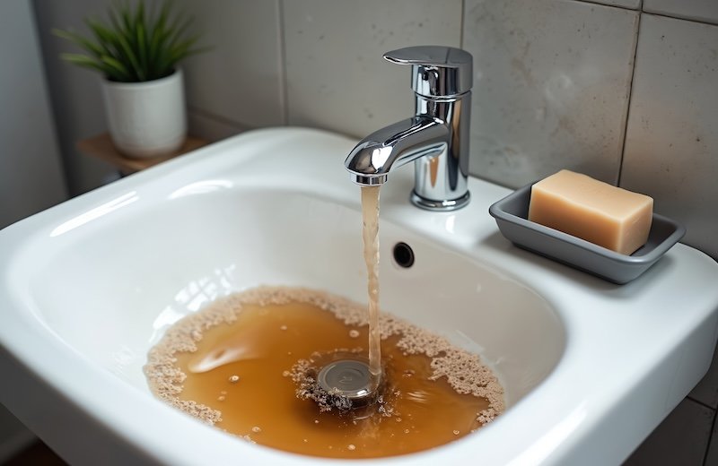 Dirty water flows from bathroom faucet into clogged sink. Brown, rusty water suggests pipe blockage, plumbing problem. Unhygienic conditions. Basin filled with dirt. Fix problem call plumber.