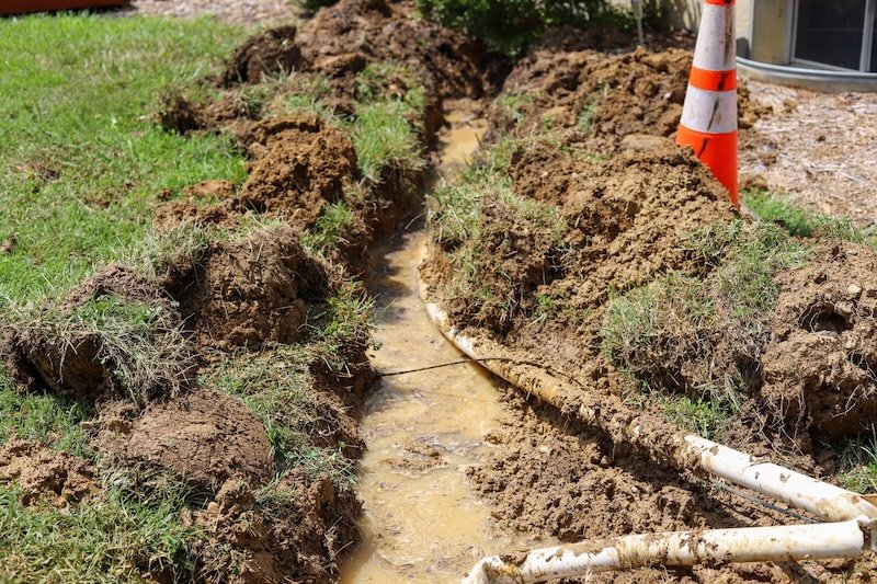 A broken  sump pump PCV pile in the ground