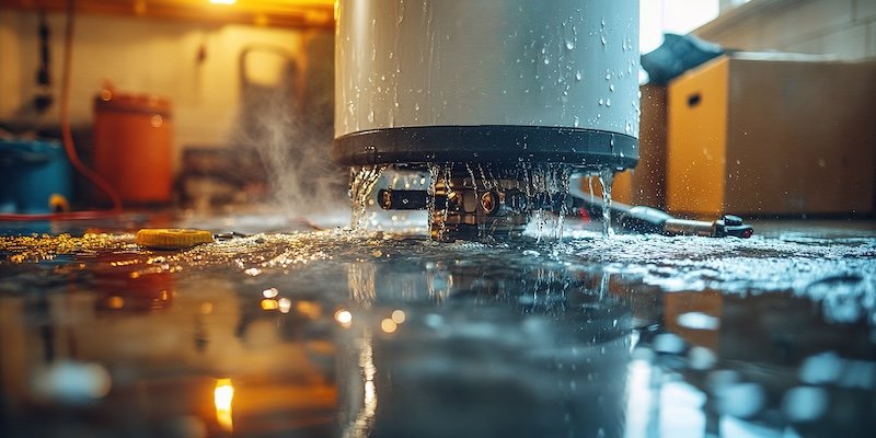 Water accumulates rapidly around a broken water heater in a basement. The scene depicts the need for immediate attention and repair to prevent further damage.