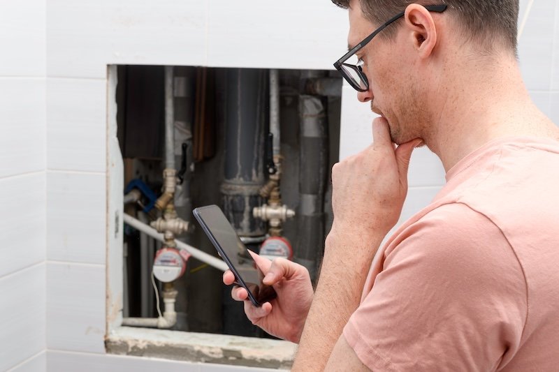Man reviews repair estimate on smartphone beside open plumbing hatch with water meters, worries about leak damage and service cost.