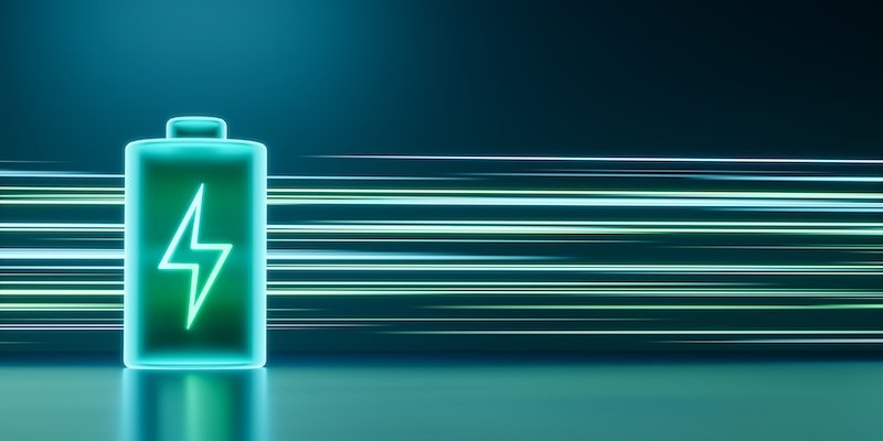 Glowing green power neon futuristic energy storage, high capacity rechargeable lithium ion battery, 3D rendering light trail of future electric vehicle clean energy technology concept