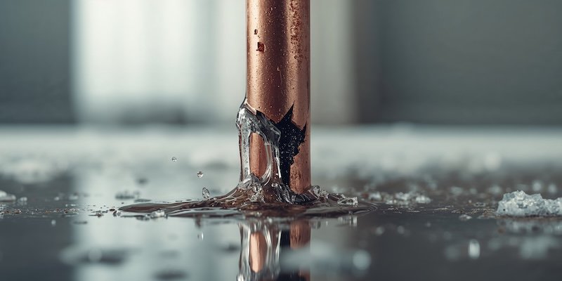 A pipe with a leak caused by freeze damage, plumbing maintenance during cold weather