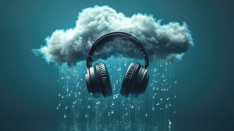 Headphones in cloud; musical notes rain down.