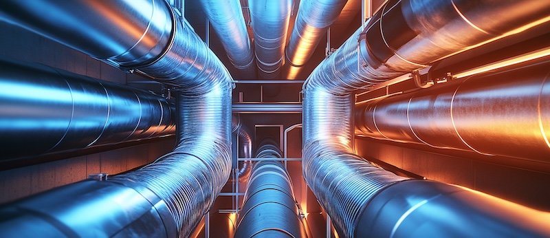 metal pipes in a modern industrial air conditioning system on the ceiling, with cold and warm colors