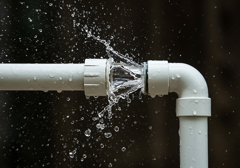 A burst pipe sprays water, showcasing an urgent plumbing emergency needing immediate repair. Water damage is evident.