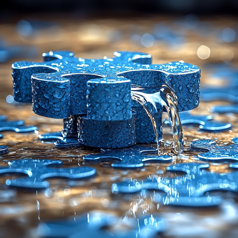 Leaking Puzzle Piece, Water, Dark Surface
