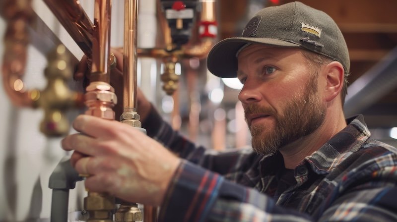 A plumber upgrading an old copper plumbing system with modern PEX tubing. re-piping