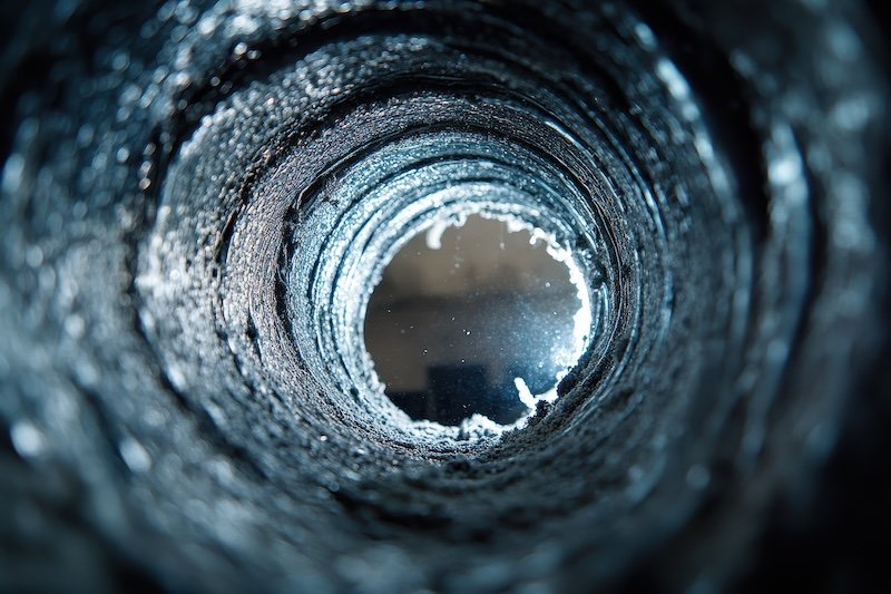 Duct Cleaning. A dirty laundry flexible aluminum dryer vent duct ductwork filled with lint, dust and dirt: laundry, duct, work, dryer, dirty, cleaning, ventilated, inside, hose, hazard --ar 3:2 --v 6.1 Job ID: 03043312-abc5-46d3-a770-bb85f9fe32af