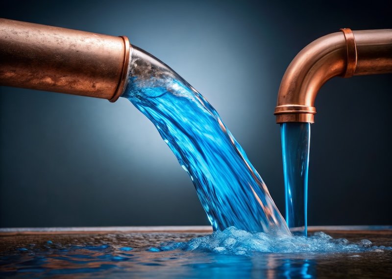 Water flows through a copper pipe with a moderate rate, the blue liquid cascading down a slight incline as pressure and flow velocity slowly increase meridian plumbing