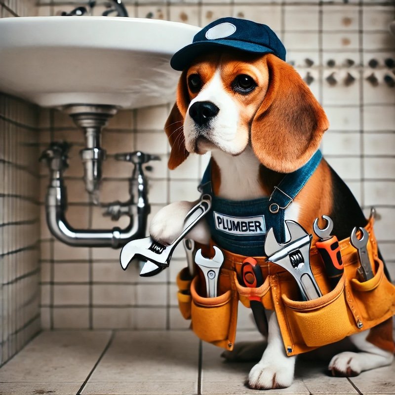 Adorable beagle dressed up as a plumber, holding a wrench, working on a sink in a tiled bathroom setting in meridian idaho.