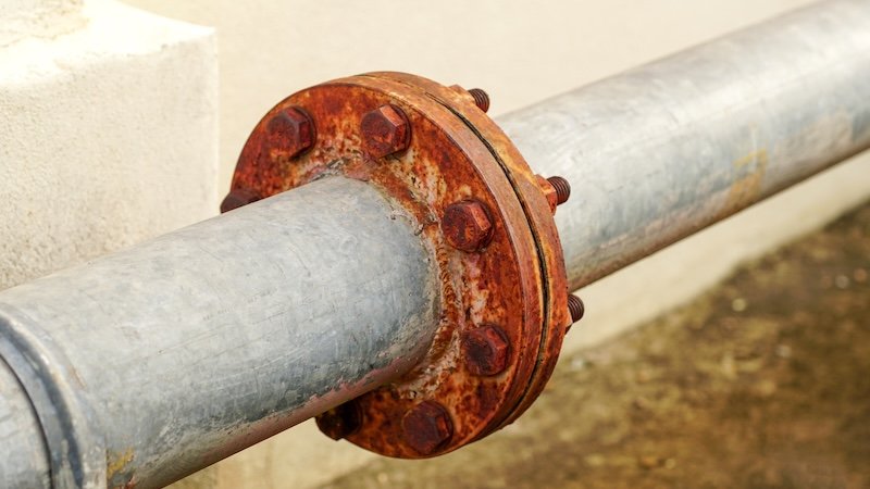 Rust corrosion flange and bolt on the old steel water pipeline distribution.Grunge rusted metal texture. Rusty corrosion and oxidized background.