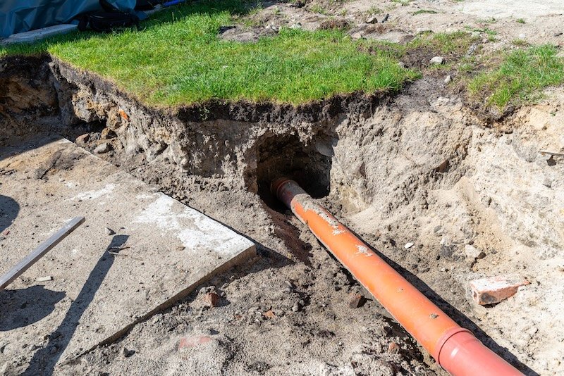 Pvc sewer pipe connecting to a septic tank underground during construction and drainage work