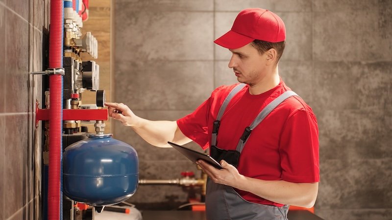 Technician inspecting residential boiler system and checking equipment with tablet during heating maintenance service.