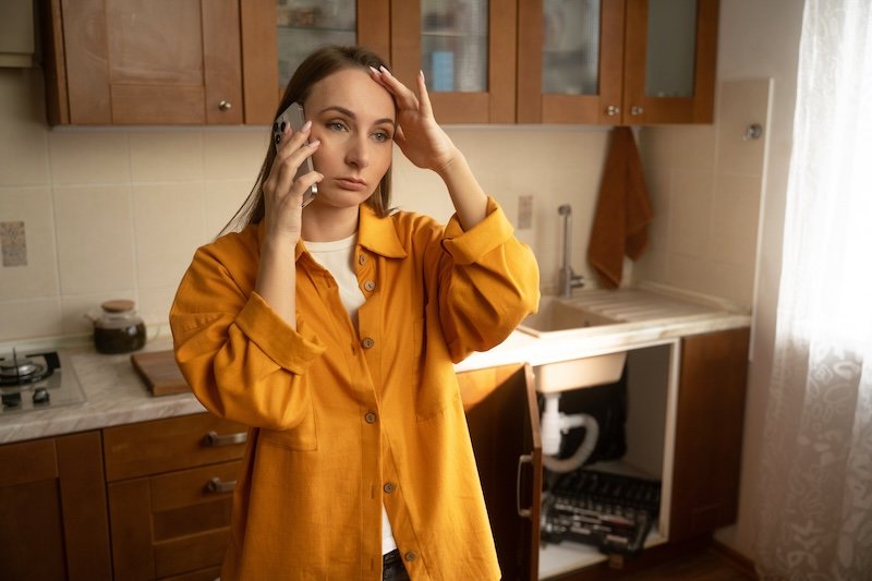 A woman in a yellow shirt stands in her kitchen while discussing urgent plumbing issues with a repair service regarding a leaky sink that needs immediate attention.