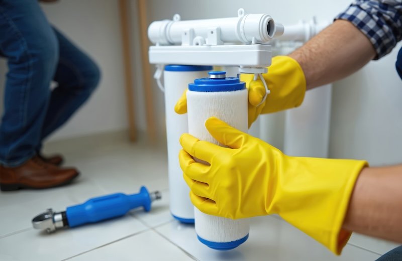 Hands in yellow gloves change water filter cartridges in kitchen. Person installs filtration system for clean drinking water. Home water purifier maintenance. Health benefits of, pure water.