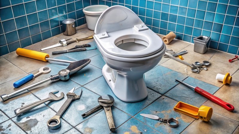 A worn toilet handle lies beside a wrench and pliers on a cluttered bathroom floor, surrounded by scattered tools and repair materials.