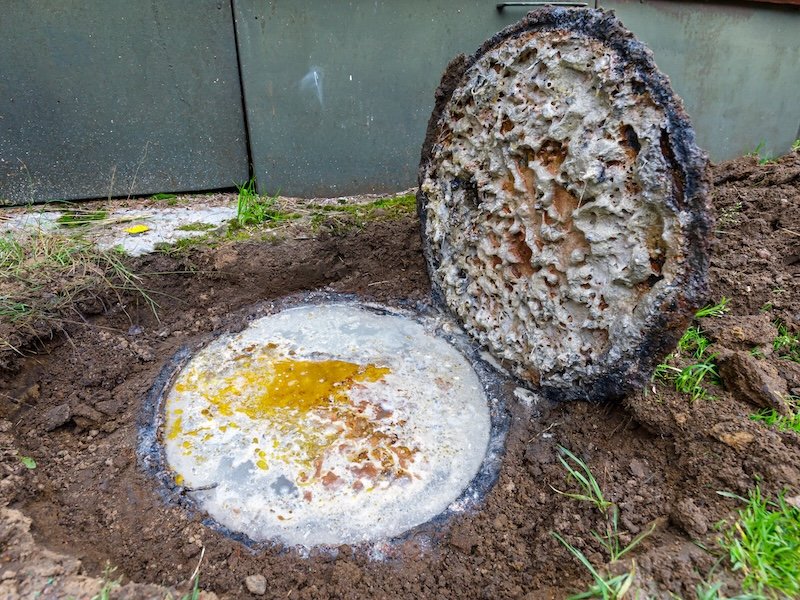 Overflowing private sewer with dangerous toxic wastes. Nature pollution concept.