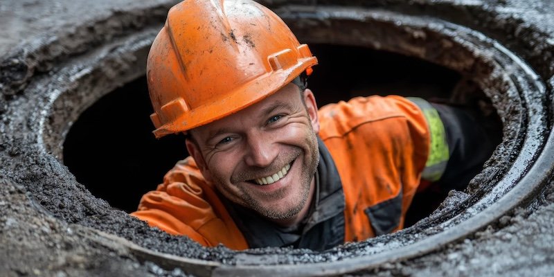 Smiling man wearing a safety helmet peers out of a sewer manhole in the street. --ar 2:1 --quality 2 --sref https://s.mj.run/aECCJSN-nio --v 6.1 Job ID: 2d949f67-1002-4780-bbc5-3d6329af7ee6