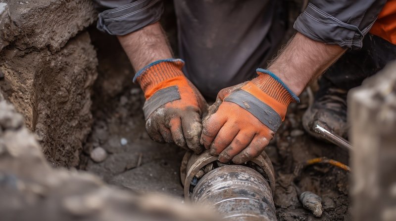 Worker repairing sewer pipe with gloved hand in trench, representing emergency plumbing sewer repair and urgent pipe maintenance.