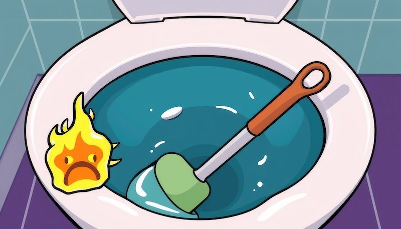 Vector illustration of a clogged toilet with a plunger and bad smell lines, cartoon style, concept of plumbing problem.