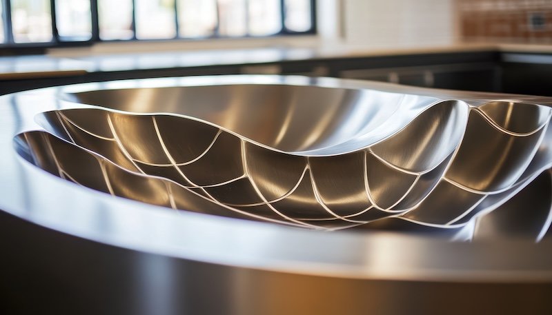 Modern, stainless steel sink with intricate, wavy design