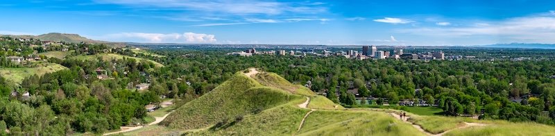 A view from Camels Back Park featuring hiking trails, North End, Boise, Tablerock and the Owyhee Mountains off in the distance.