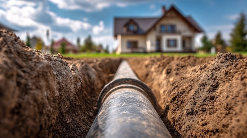 A lively construction scene features freshly excavated earth revealing underground piping systems, set against a sleek suburban home rising under clear skies.