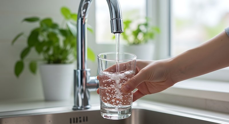A person is filling a clear glass with fresh clean water from a shiny chrome faucet in a kitchen The water is bubbling as it pours into the glass The kitchen sink is stainless steel and there are green plants in pots in the background This image can represent health hydration cleanliness and the importance of access to clean water It can also be used to promote water conservation and environmental awareness