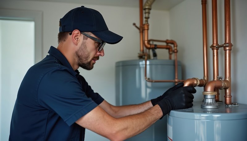 Plumber installs new water heater in utility room. Man wearing cap, glasses gloves connects copper pipes. Home improvement and repair services. Professional plumbing work.