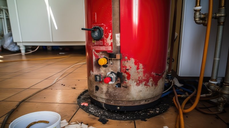 red water heater with damage