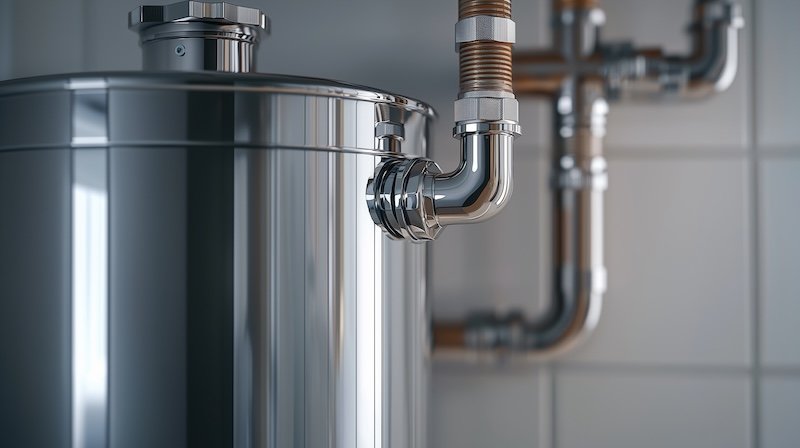 A stainless steel water heater is installed in a contemporary kitchen. The pipes and fittings are clearly visible, showcasing quality plumbing workmanship in a bright space. Title: Installation of a stainless steel water heater in a modern kitchen setting showcasing plumbing details
