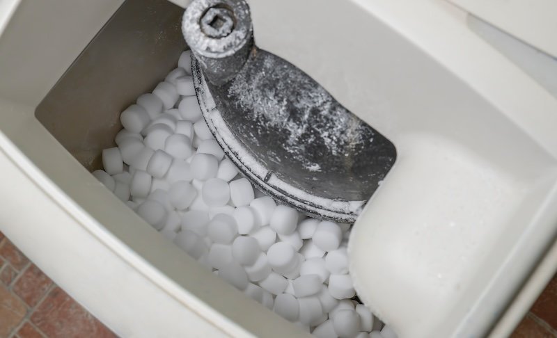 Salt pellets lies in water softener. Close-up.