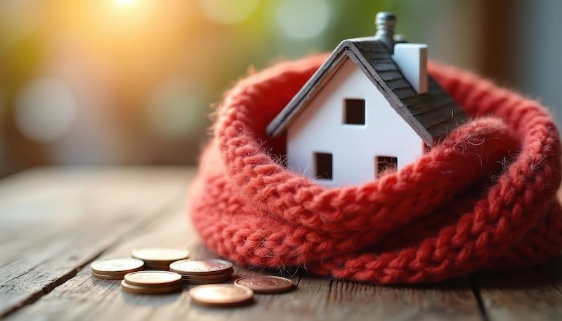 Miniature house wrapped warm red scarf, coins wooden table. Concept save energy, eco home heating, insulation, energy crisis, expensive bills. Symbolize passive house heating, comfort, home