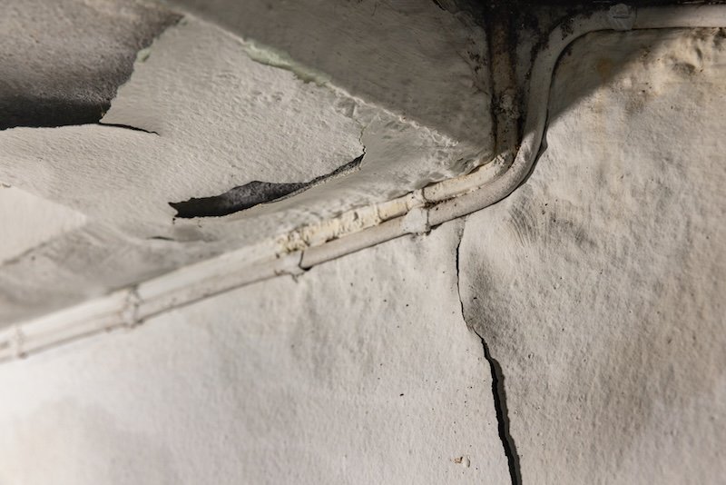 Water leaking from concrete slab porch into room below.