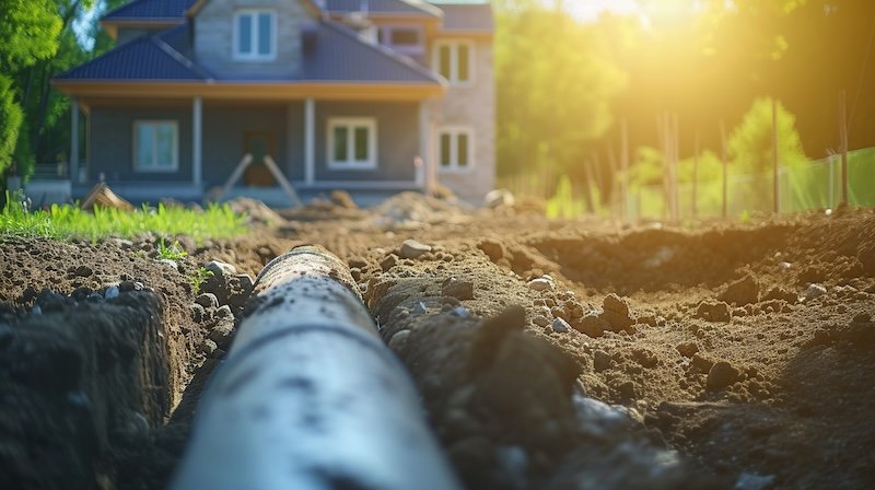 installation of a sewage plastic pipe during the construction of a house. Creative Banner. Copyspace image