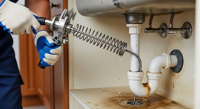 A plumber's hands wearing gloves uses a drain snake to unclog a dirty kitchen sink drain under a light-colored countertop