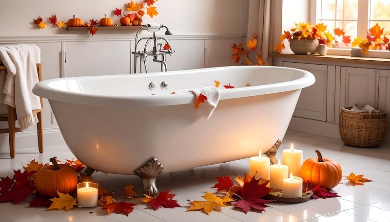 Elegant clawfoot bathtub surrounded by autumn leaves, pumpkins, and candles in a bright, cozy bathroom space
