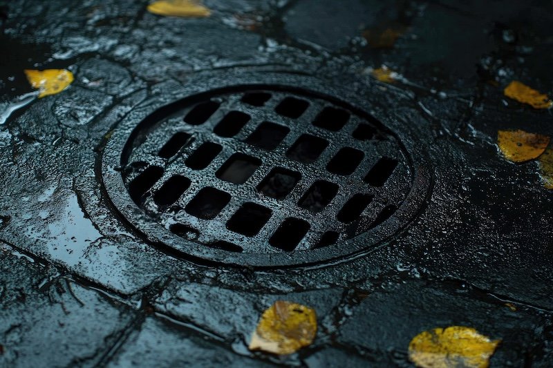 Grated storm drain on dark wet cobblestone with scattered yellow leaves fall plumbing
