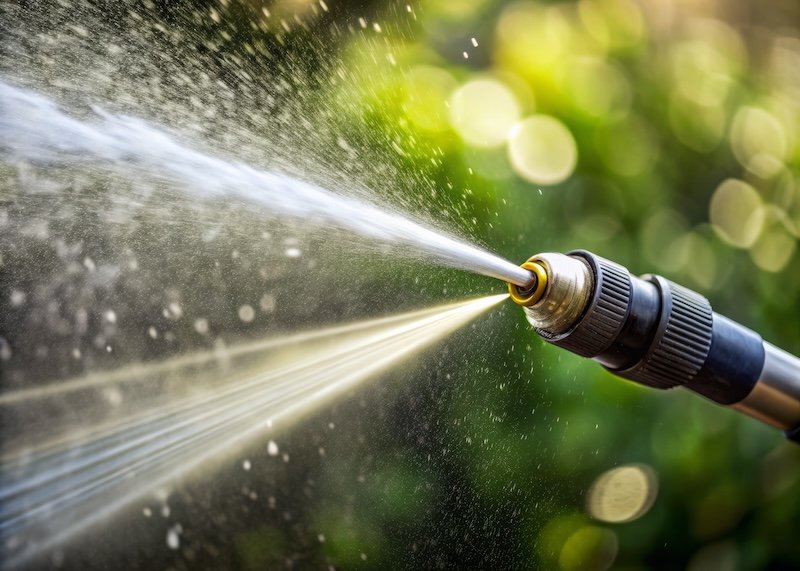 a photo image of industrial high-pressure washer nozzle with water stream erupted and spraying out with mist and spray creating fine droplets around nozzle