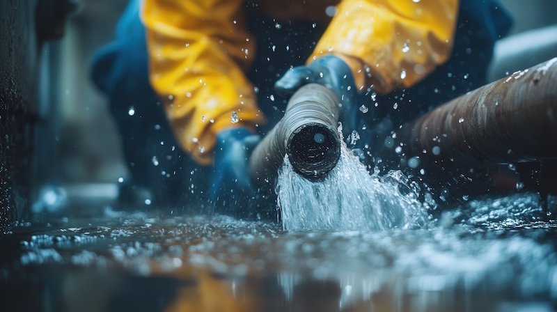A plumber unclogging a main sewer line, using a high-powered auger to break through blockages and restore normal flow in a residential or commercial system