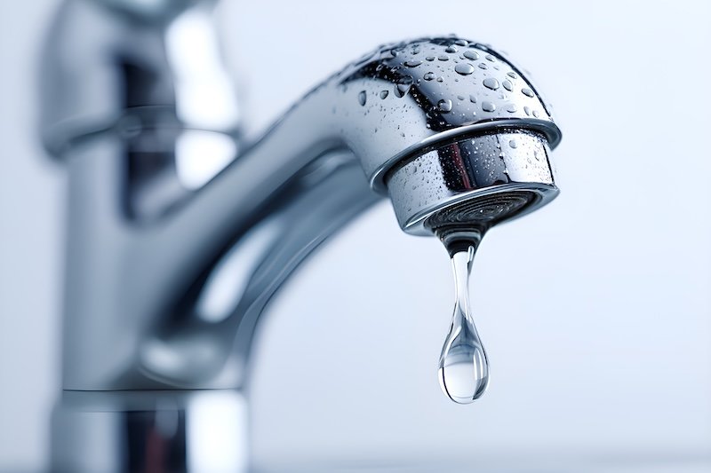 Close up of a dripping chrome faucet with water drops, highlighting water waste, plumbing issues, and the importance of resource management