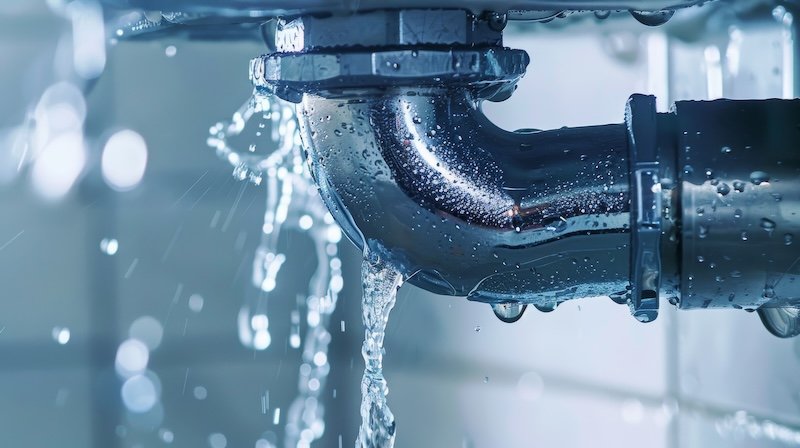 Plumber fixing a leaky pipe under a kitchen sink meridian plumbing