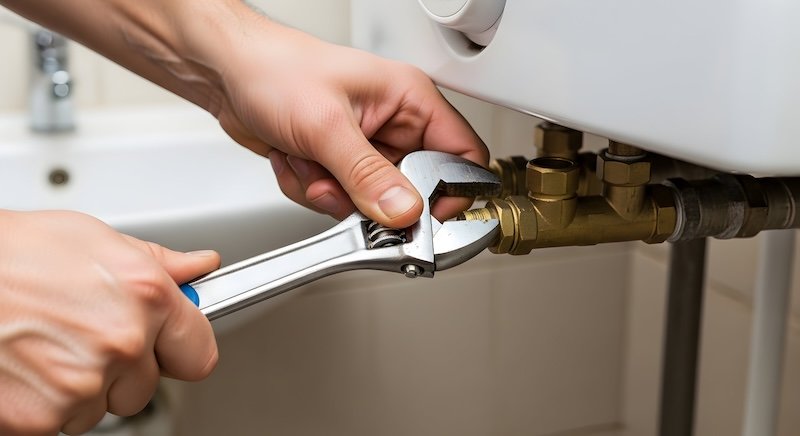 plumber working on a water heater connection