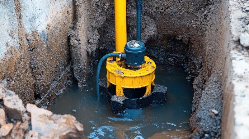 Sump pump with yellow backup for underground water drainage