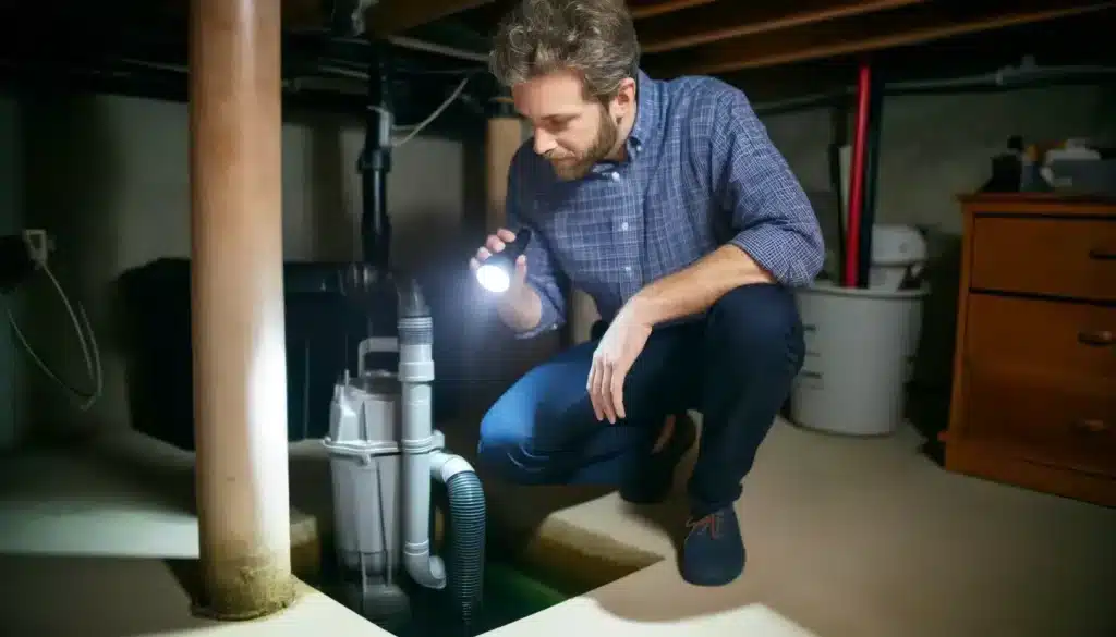 homeowner inspecting sump pump in boise