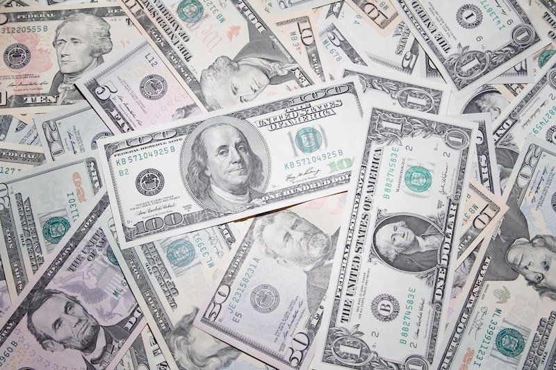 Closeup of assorted American banknotes