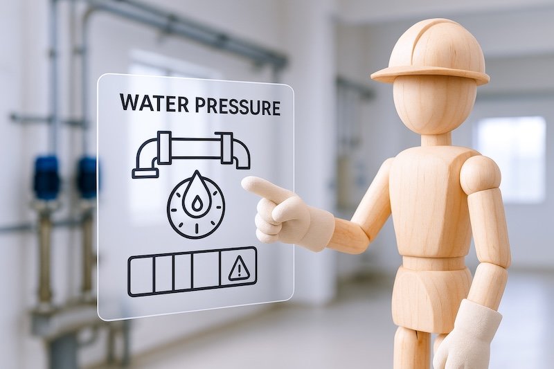 A wooden mannequin pointing at water pressure sign in utility room, emphasizing importance of public utilities and safety measures in water systems, with modern and clean environment